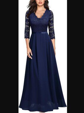 Navy Lace Bodice Long Evening Dress, S